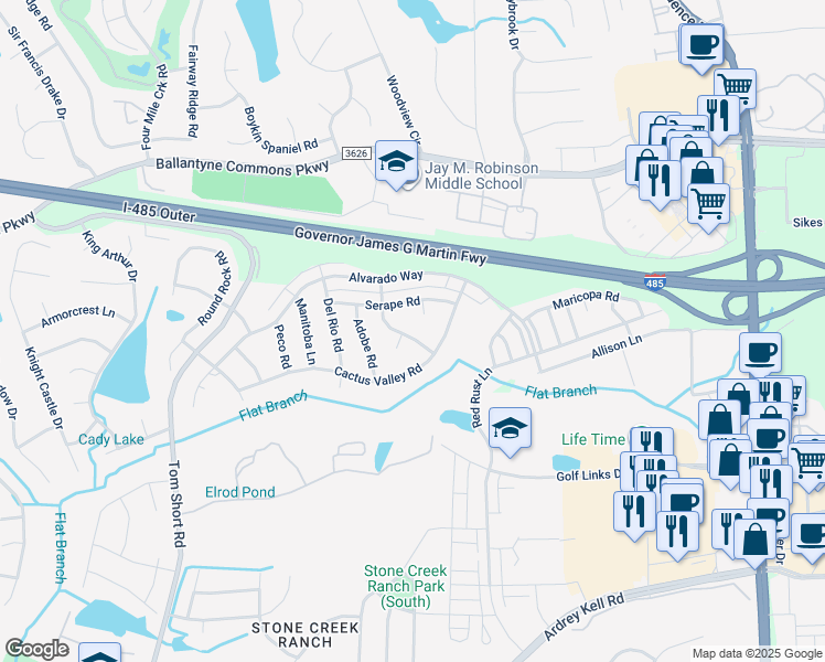 map of restaurants, bars, coffee shops, grocery stores, and more near 6207 Stone Porch Road in Charlotte