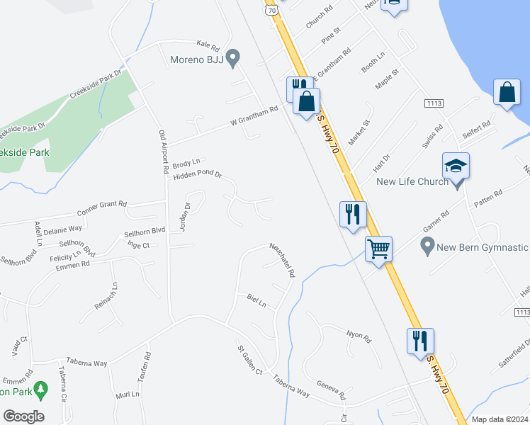 map of restaurants, bars, coffee shops, grocery stores, and more near 103 Shady Side Lane in New Bern
