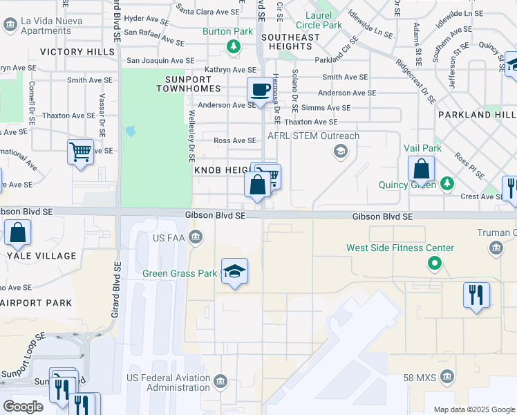 map of restaurants, bars, coffee shops, grocery stores, and more near 3543 Gibson Boulevard Southeast in Albuquerque
