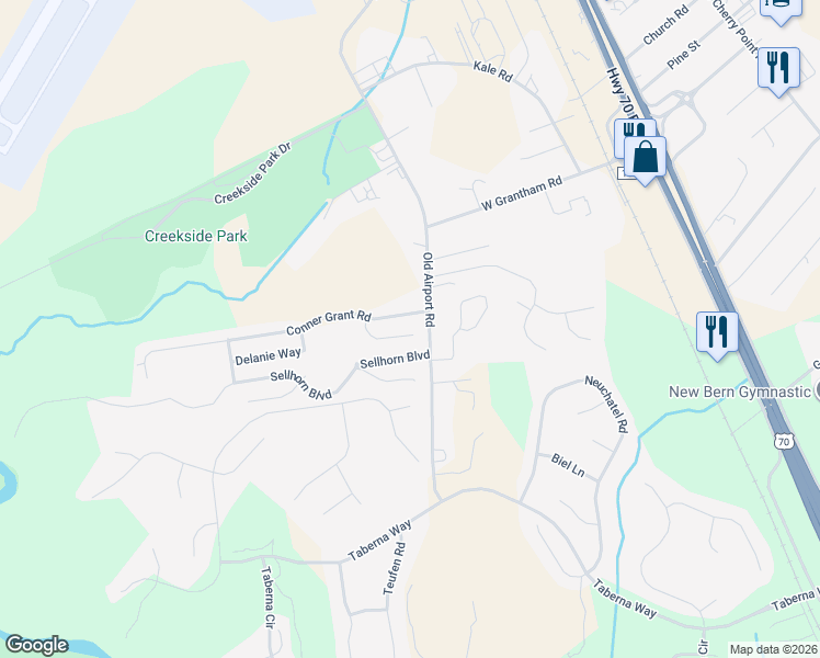 map of restaurants, bars, coffee shops, grocery stores, and more near 112 Joshua Norman Drive in New Bern
