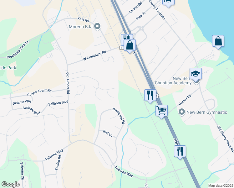 map of restaurants, bars, coffee shops, grocery stores, and more near 108 Shady Side Lane in New Bern