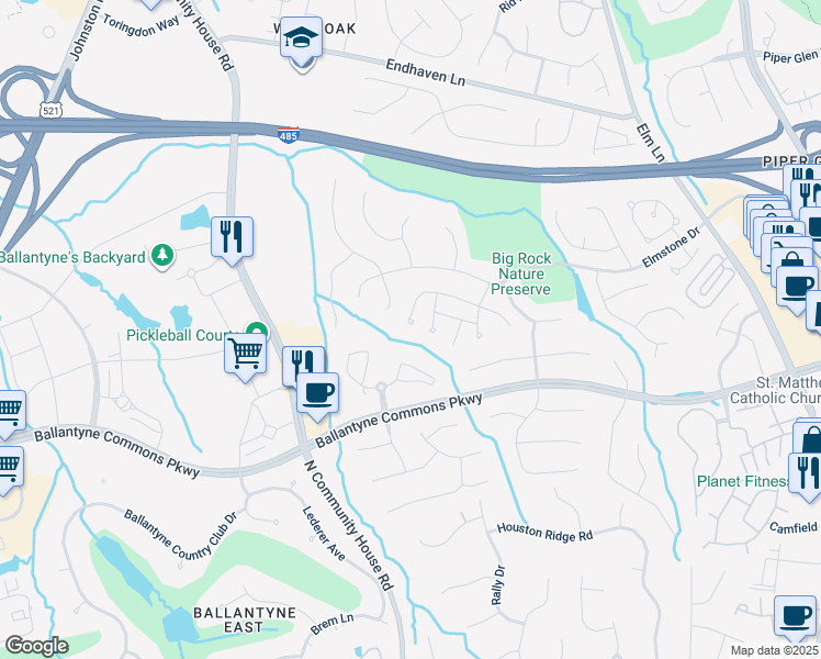 map of restaurants, bars, coffee shops, grocery stores, and more near 6842 Charter Hills Road in Charlotte