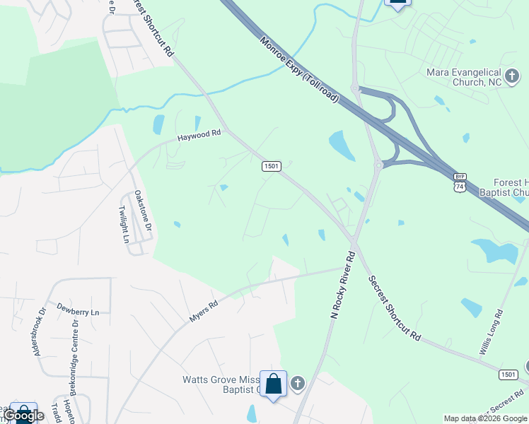 map of restaurants, bars, coffee shops, grocery stores, and more near 5303 Secrest Short Cut Road in Monroe