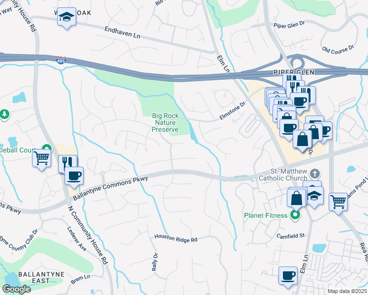 map of restaurants, bars, coffee shops, grocery stores, and more near 11024 Thornhill Club Drive in Charlotte
