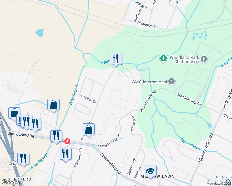map of restaurants, bars, coffee shops, grocery stores, and more near 2325 Marco Circle in Chattanooga