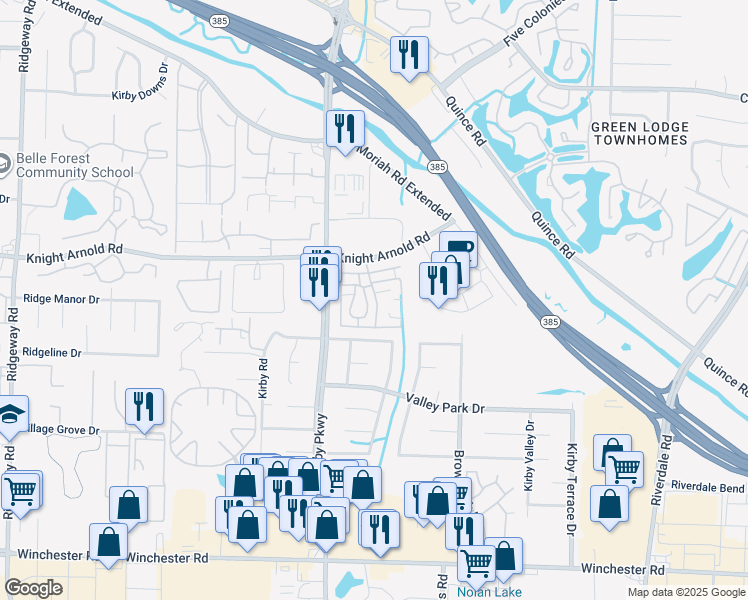map of restaurants, bars, coffee shops, grocery stores, and more near 3250 Kirby Parkway in Memphis