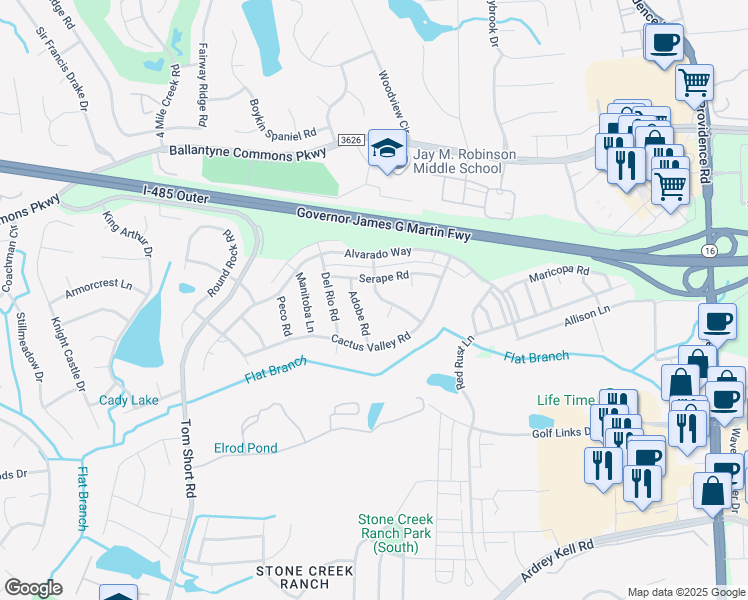 map of restaurants, bars, coffee shops, grocery stores, and more near 6118 Stone Porch Road in Charlotte