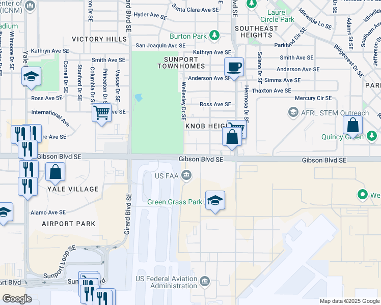 map of restaurants, bars, coffee shops, grocery stores, and more near 3409 Gibson Boulevard Southeast in Albuquerque