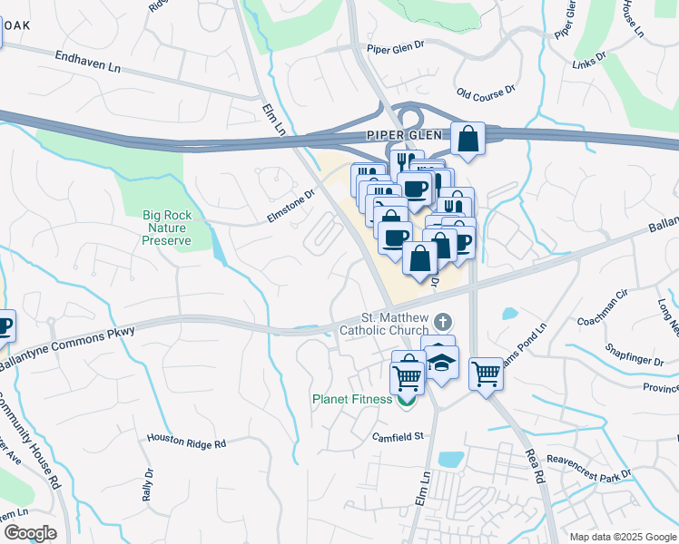 map of restaurants, bars, coffee shops, grocery stores, and more near 11285 Ballanvilla Drive in Charlotte
