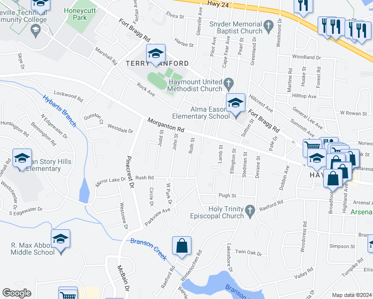 map of restaurants, bars, coffee shops, grocery stores, and more near 116 Ruth Street in Fayetteville