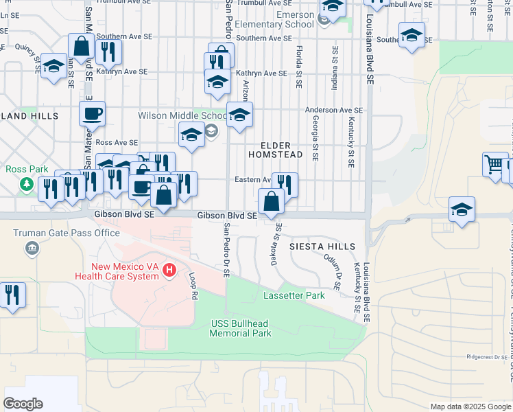map of restaurants, bars, coffee shops, grocery stores, and more near 5814 Gibson Boulevard Southeast in Albuquerque
