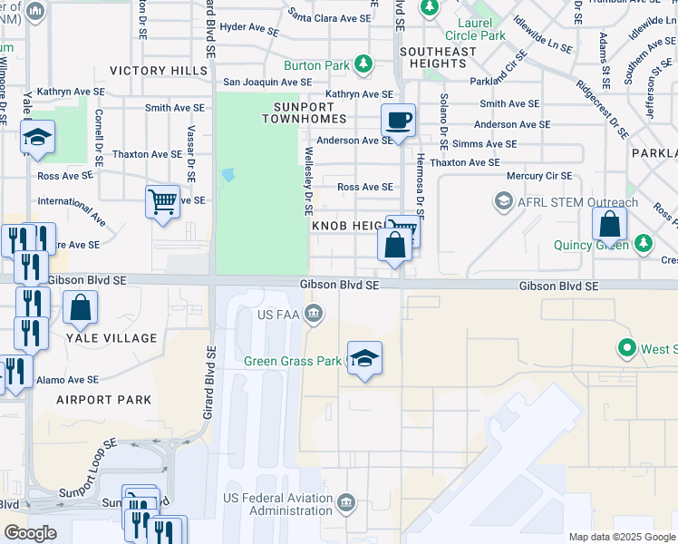 map of restaurants, bars, coffee shops, grocery stores, and more near 3413 Gibson Boulevard Southeast in Albuquerque
