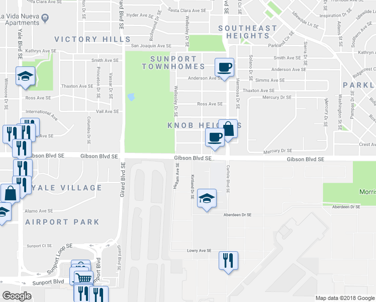 map of restaurants, bars, coffee shops, grocery stores, and more near 3413 Gibson Boulevard Southeast in Albuquerque