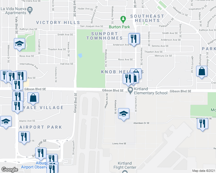 map of restaurants, bars, coffee shops, grocery stores, and more near 3413 Gibson Boulevard Southeast in Albuquerque