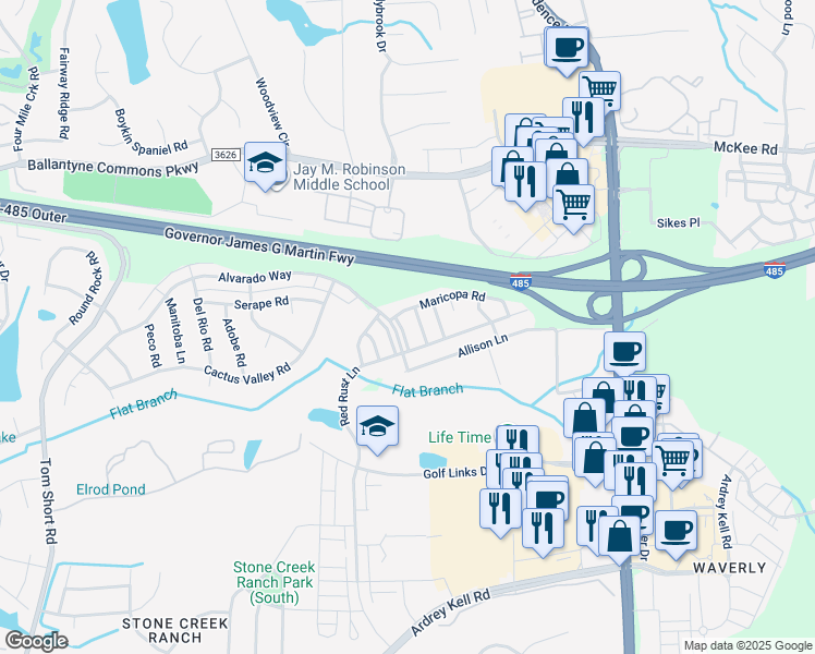 map of restaurants, bars, coffee shops, grocery stores, and more near 10921 Coyote Lane in Charlotte