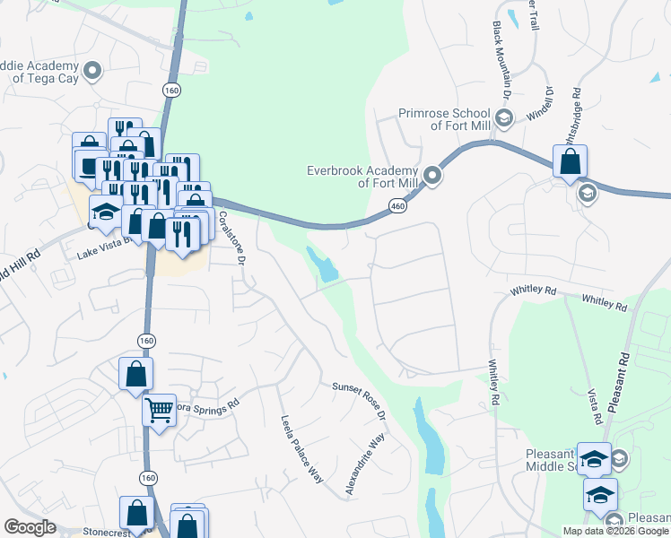 map of restaurants, bars, coffee shops, grocery stores, and more near 1629 Millbrook Lane in Fort Mill