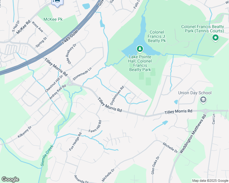 map of restaurants, bars, coffee shops, grocery stores, and more near 10404 Doylestown Road in Matthews