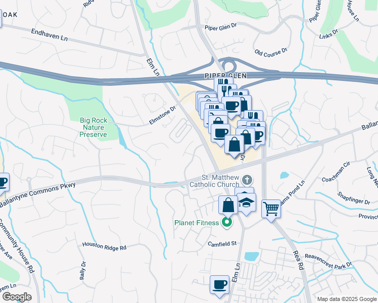 map of restaurants, bars, coffee shops, grocery stores, and more near 11285 Ballanvilla Drive in Charlotte