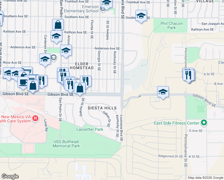 map of restaurants, bars, coffee shops, grocery stores, and more near 6420 Gibson Boulevard Southeast in Albuquerque