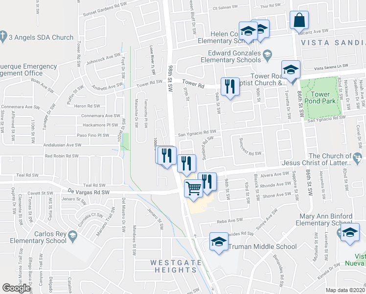 map of restaurants, bars, coffee shops, grocery stores, and more near 9727 Tierra Del Sol Avenue Southwest in Albuquerque
