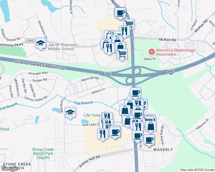 map of restaurants, bars, coffee shops, grocery stores, and more near 5306 Allison Lane in Charlotte