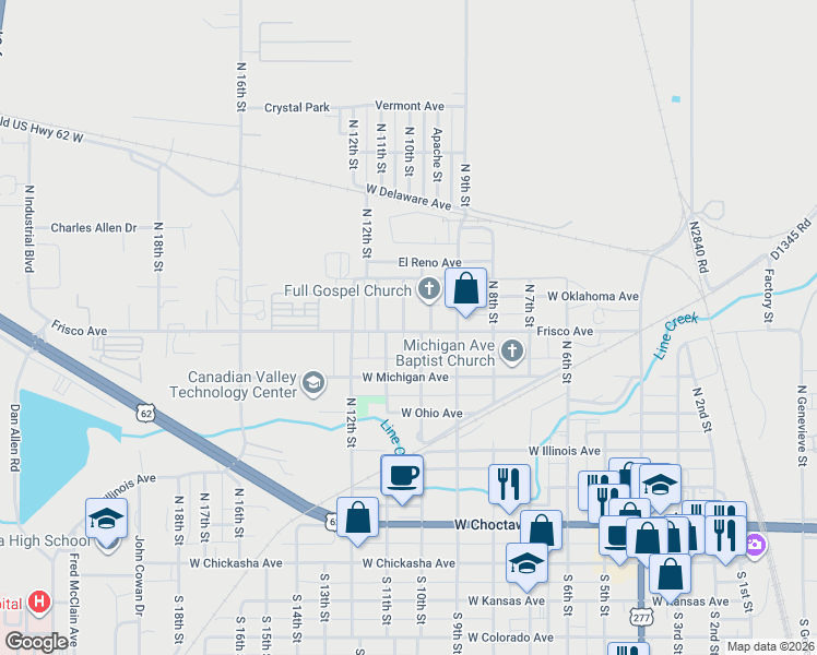 map of restaurants, bars, coffee shops, grocery stores, and more near 620 North 10th Street in Chickasha