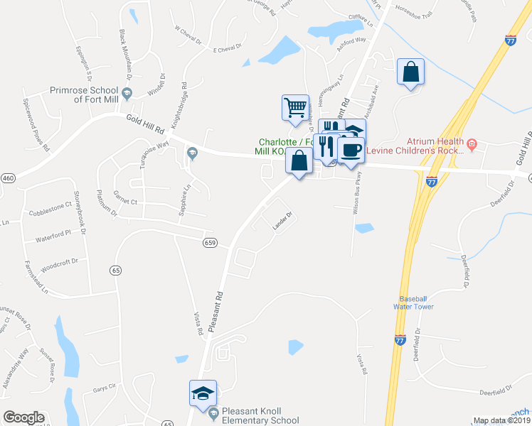 map of restaurants, bars, coffee shops, grocery stores, and more near 2682 Pleasant Road in Fort Mill