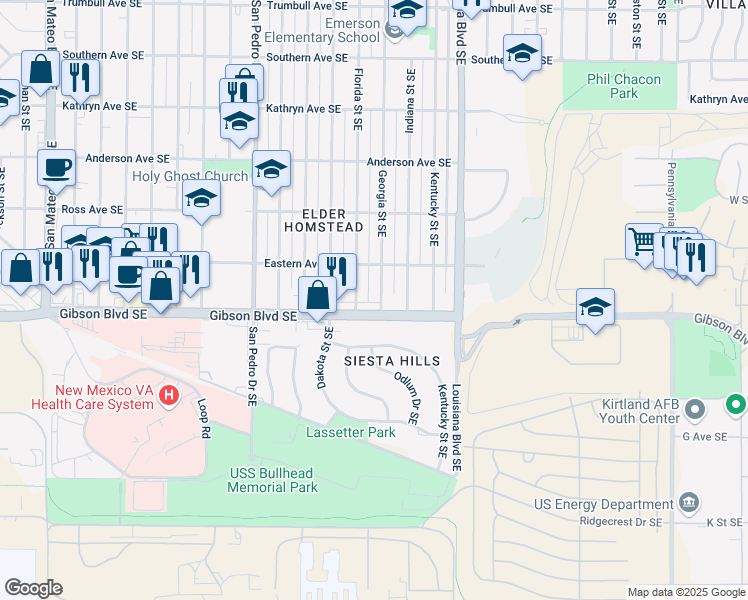 map of restaurants, bars, coffee shops, grocery stores, and more near 1133 Georgia Street Southeast in Albuquerque