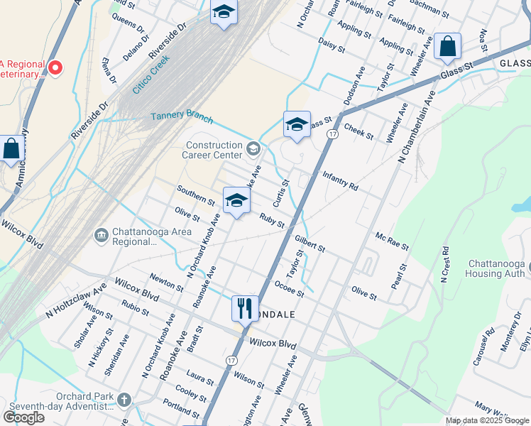map of restaurants, bars, coffee shops, grocery stores, and more near 2023 Ruby Street in Chattanooga