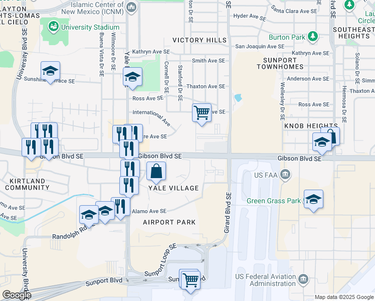 map of restaurants, bars, coffee shops, grocery stores, and more near 2033 Columbia Drive Southeast in Albuquerque