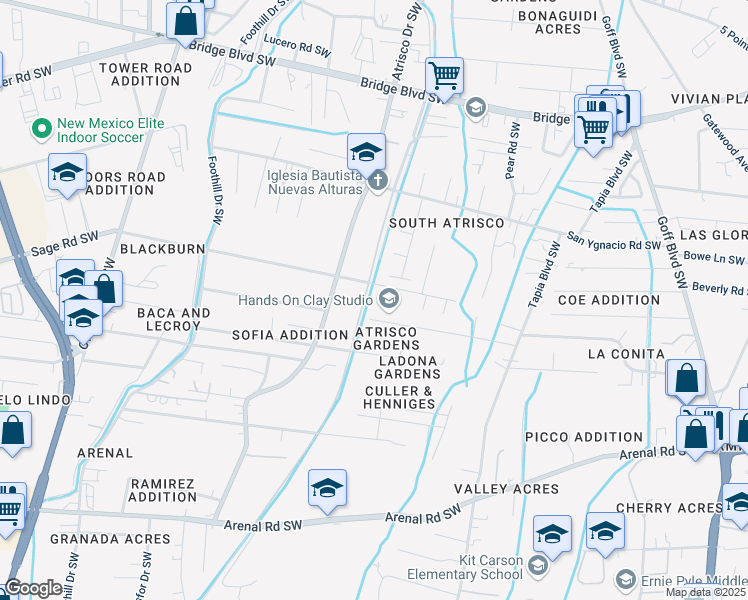 map of restaurants, bars, coffee shops, grocery stores, and more near 2208 Campana Court Southwest in Albuquerque