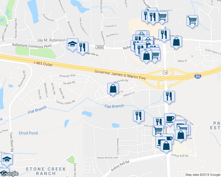 map of restaurants, bars, coffee shops, grocery stores, and more near 11022 Lucky Horseshoe Lane in Charlotte