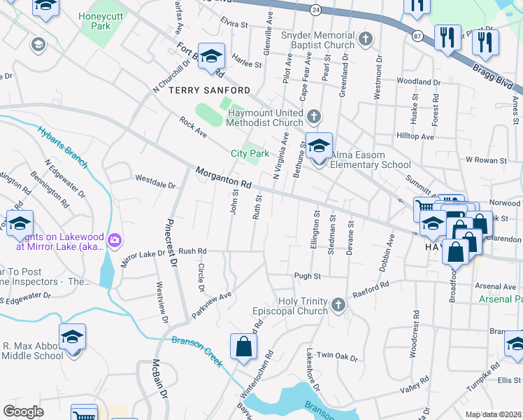 map of restaurants, bars, coffee shops, grocery stores, and more near 1905 Morganton Road in Fayetteville