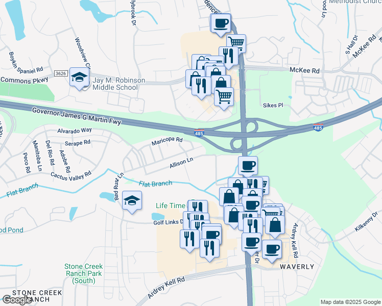 map of restaurants, bars, coffee shops, grocery stores, and more near 12312 Red Rust Lane in Charlotte