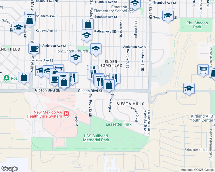 map of restaurants, bars, coffee shops, grocery stores, and more near 1112 California Street Southeast in Albuquerque