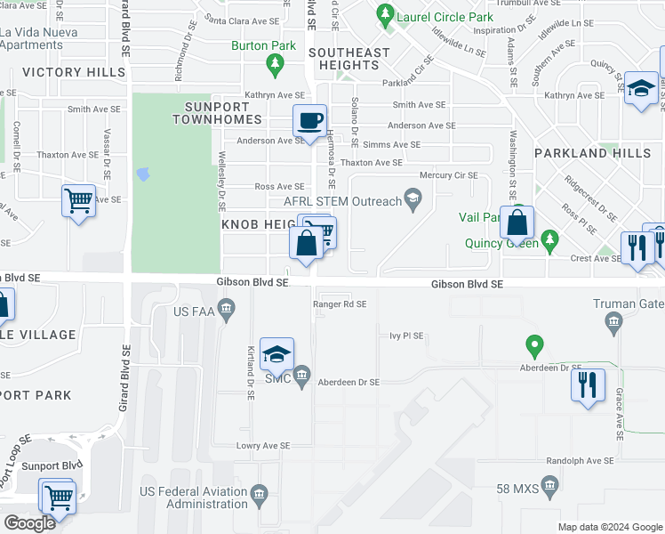 map of restaurants, bars, coffee shops, grocery stores, and more near 1519 Hermosa Drive Southeast in Albuquerque