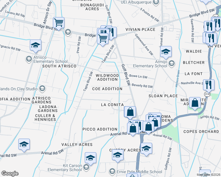 map of restaurants, bars, coffee shops, grocery stores, and more near 1804 Wildwood Lane Southwest in Albuquerque