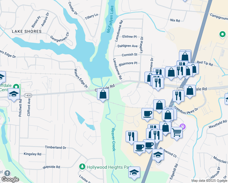 map of restaurants, bars, coffee shops, grocery stores, and more near 6105 Cliffdale Rd in Fayetteville