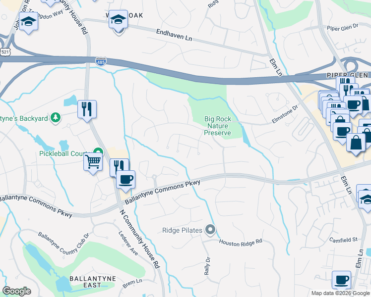map of restaurants, bars, coffee shops, grocery stores, and more near 6709 Charter Hills Road in Charlotte