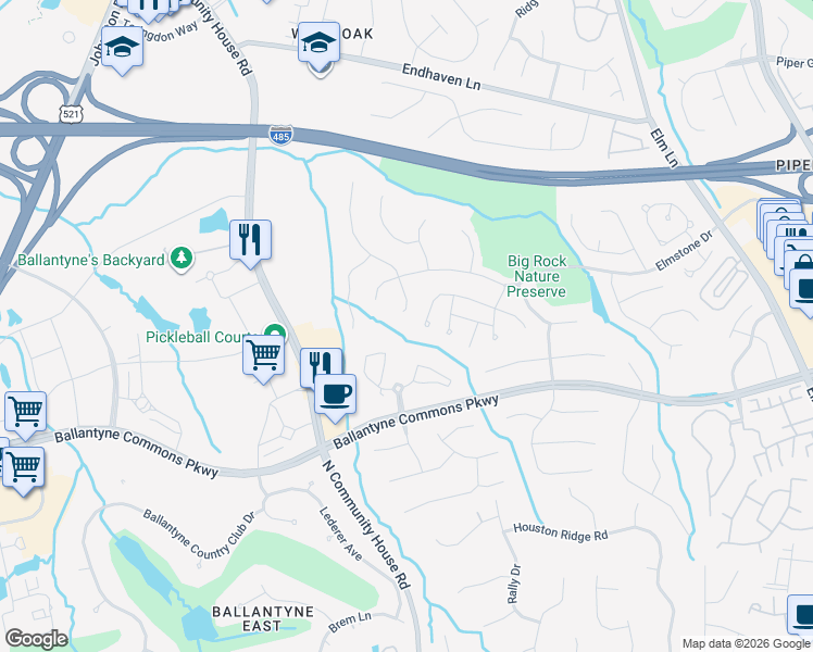 map of restaurants, bars, coffee shops, grocery stores, and more near 10921 Back Ridge Road in Charlotte