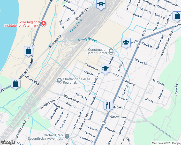 map of restaurants, bars, coffee shops, grocery stores, and more near 1706 Southern Street in Chattanooga