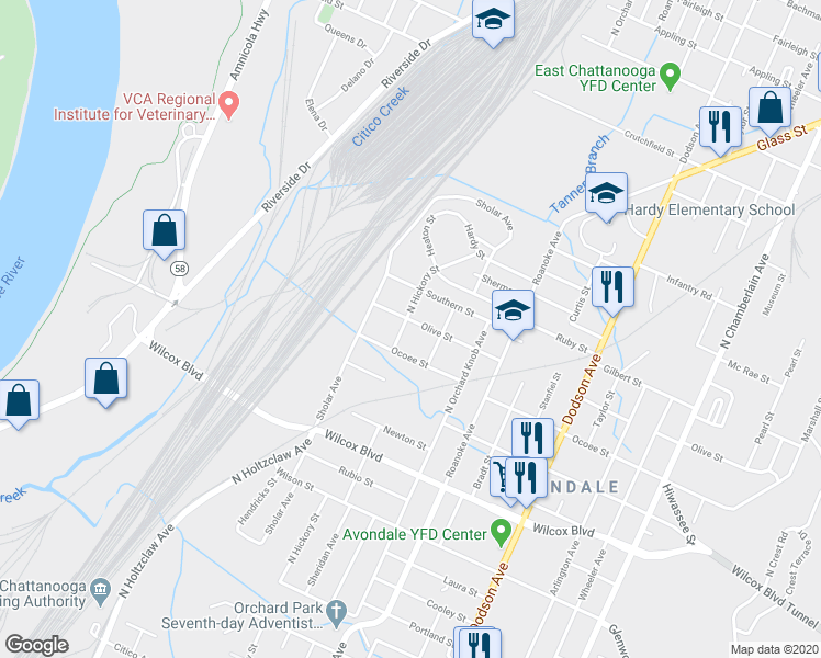 map of restaurants, bars, coffee shops, grocery stores, and more near 1706 Southern Street in Chattanooga