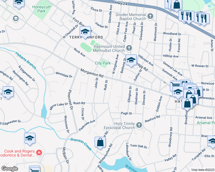 map of restaurants, bars, coffee shops, grocery stores, and more near 1905 Morganton Road in Fayetteville