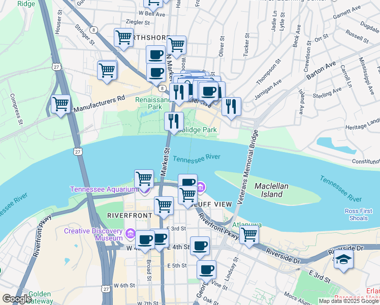 map of restaurants, bars, coffee shops, grocery stores, and more near Walnut Street Bridge in Chattanooga