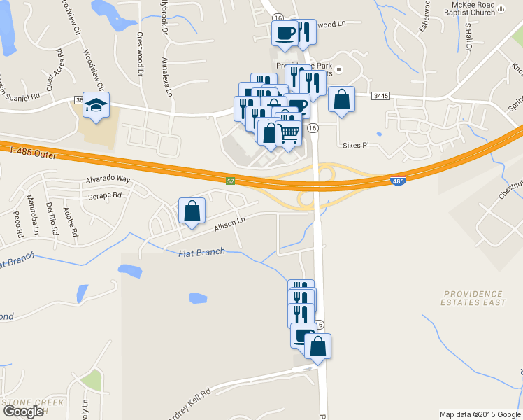 map of restaurants, bars, coffee shops, grocery stores, and more near 5244 Allison Lane in Charlotte