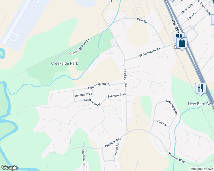 map of restaurants, bars, coffee shops, grocery stores, and more near 100 Joshua Norman Drive in New Bern