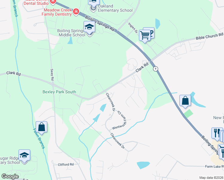 map of restaurants, bars, coffee shops, grocery stores, and more near 409 Wickham Way in Boiling Springs
