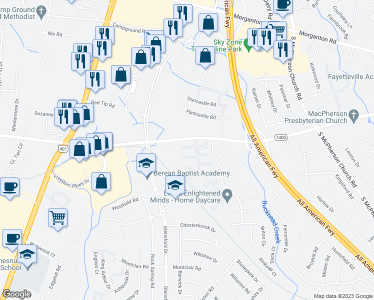 map of restaurants, bars, coffee shops, grocery stores, and more near 4615 Dow Court in Fayetteville