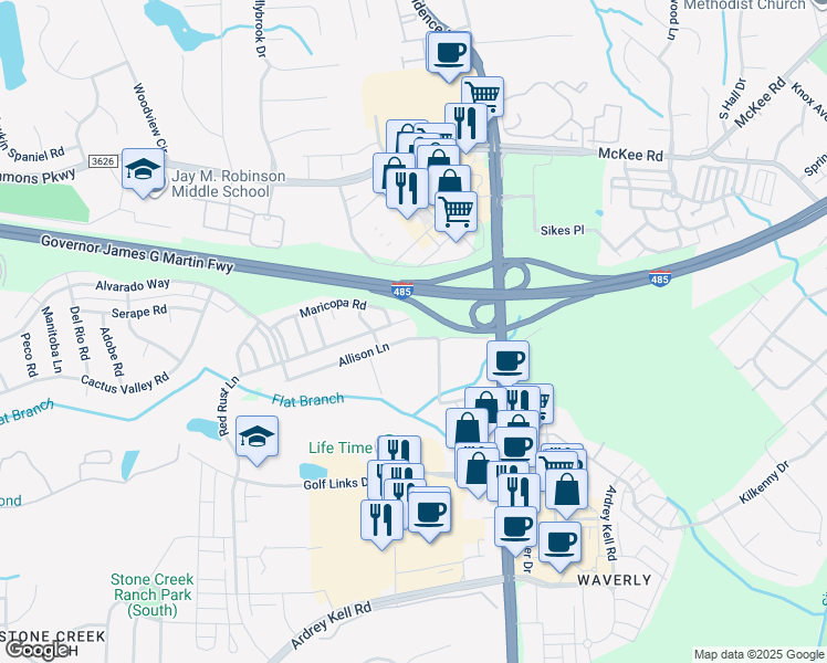 map of restaurants, bars, coffee shops, grocery stores, and more near 5244 Allison Lane in Charlotte
