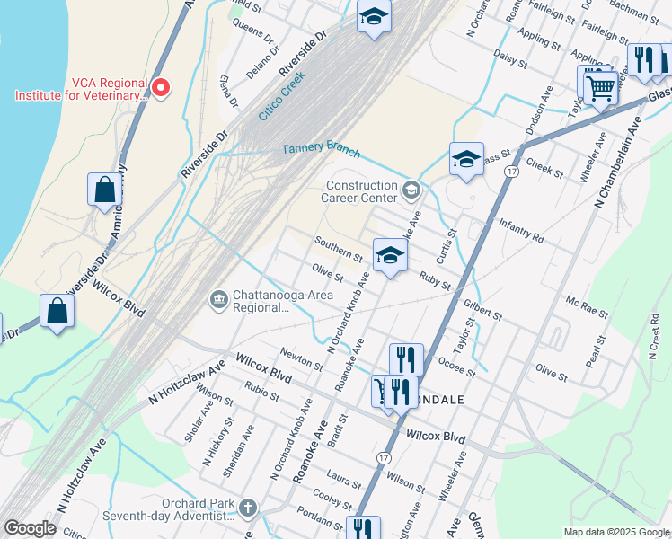 map of restaurants, bars, coffee shops, grocery stores, and more near 1706 Southern Street in Chattanooga